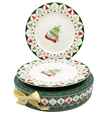 SERVIRE & DECORARE MASA CRACIUN - Set 2 Farfurii Portelan DIAMOND 19 cm – Model Braduti, in Cutie Cadou Decorata