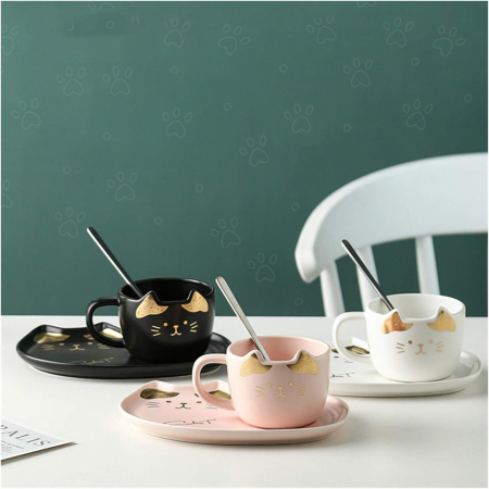 Set ceașcă și farfurioară pisică – alb, negru, roz [2]