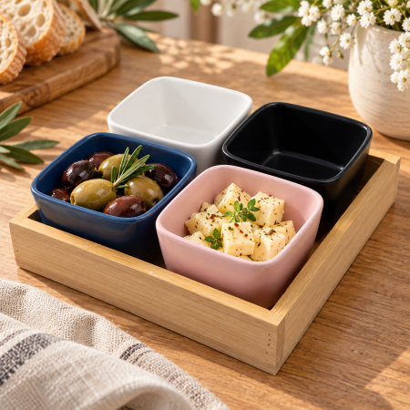Set 4 boluri pentru aperitive HARMONY, Cu suport din lemn [1]