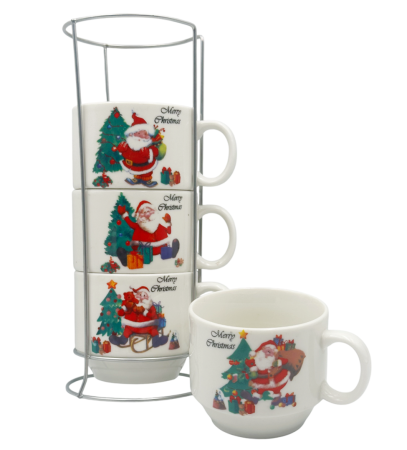 Set 4 Căni Crăciun cu Suport Metalic – Model Moș Crăciun [1]