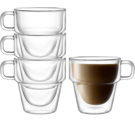 BUCATARIE & SERVIRE - Set 4 Cani sticla termorezistenta COFFEE Suprapozabile