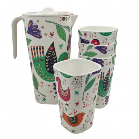 Ceainice & Carafe - Set 4 pahare din bambus si Carafa BIRDS, 1000ml