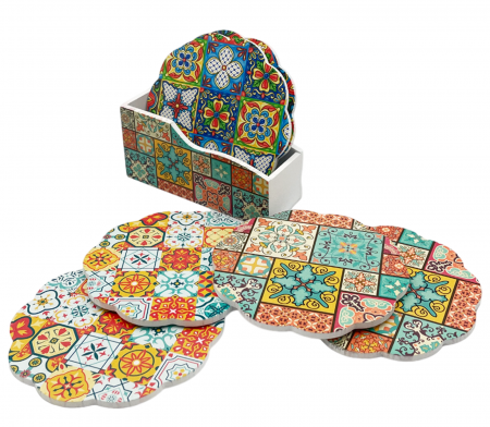 Utile Bucatarie & Servire - Set 6 Suporturi de pahare MANDALA, Turcoaz, 10cm