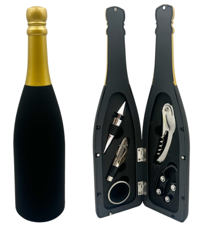 Halbe & Butelcute & Accesorii Bar - Set Accesorii Vin in Cutie Tip Sticla CHAMPAGNE – 5 Piese