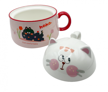 Bol cu capac si maner, PISICA MICKY, Roz, 1000ml [2]