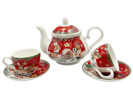 CANI & CESTI CRACIUN - Set Ceainic, 2 Cesti si 2 Farfurii JOLLY - Model Turta Dulce