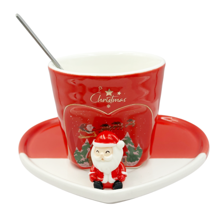 CANI & CESTI CRACIUN - Set Ceasca cu Farfurioara Inima cu Mos Craciun JOY