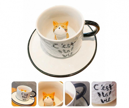 Set ceasca pisica 3D si farfurie Rowen, 200ml, Ceramica [1]