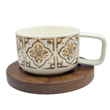 Cesti & Seturi de Cesti - Ceasca decorativa cu model ornamental elegant si farfurie din lemn