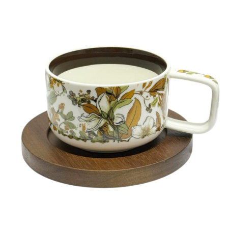 Cesti & Seturi de Cesti - Ceașcă Ceramică Florală cu Farfurie din Lemn