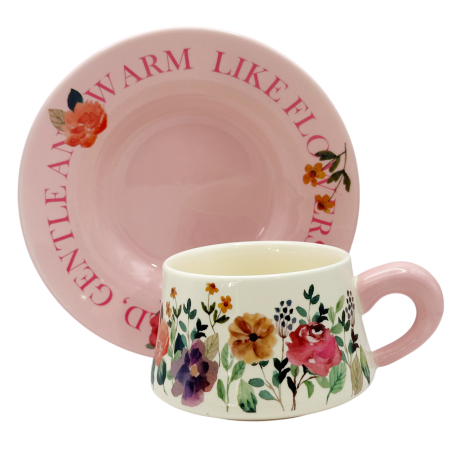 Set ceasca cu farfurioara Floral Garden – ceramica, roz cu flori [1]