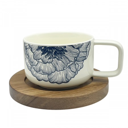 Servire Ceai & Cafea - Set ceasca si farfurie RUTH, Alb/ Bleumarin, 250ml