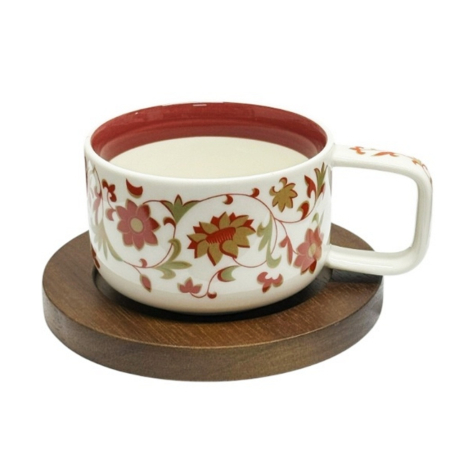 Cesti & Seturi de Cesti - Set ceasca portelan RHEA cu farfurie lemn, Rosu/ Verde, 250ml