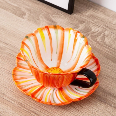 Cesti & Seturi de Cesti - Set Ceasca portocalie si Farfurie floare BLOOM