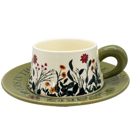 Cesti & Seturi de Cesti - Set ceasca cu farfurioara Floral Garden – ceramica, verde cu flori