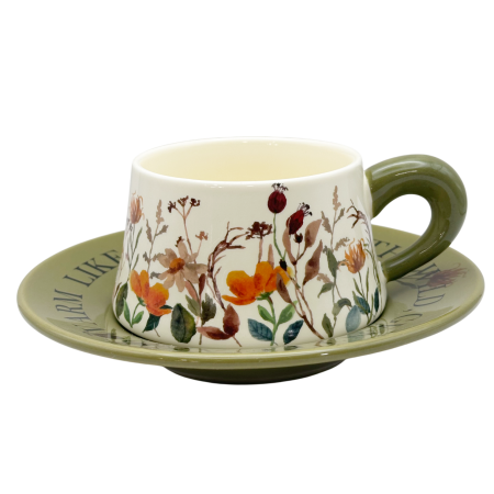Set ceasca cu farfurioara Floral Garden – ceramica, verde cu flori [4]
