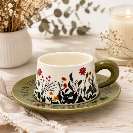 Set ceasca cu farfurioara Floral Garden – ceramica, verde cu flori [2]