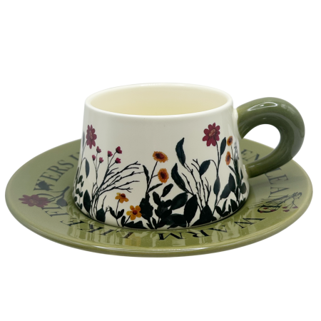 Cesti & Seturi de Cesti - Set ceasca cu farfurioara Floral Garden – ceramica, verde cu flori