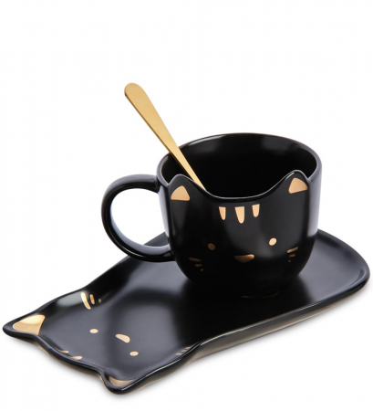 SERVIREA MESEI - Set Ceasca si farfurie PISICA JOLLY, Negru, 180ml
