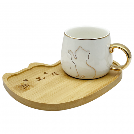 Servire Ceai & Cafea - Set Ceasca si Farfurie, PISICA SAMMY, Alb, 180ml