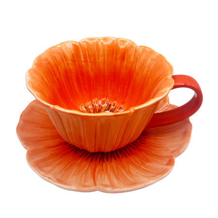 Cesti & Seturi de Cesti - Set Ceasca si Farfurie floare POPPY, Portocaliu