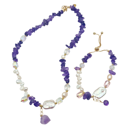 MODA & ACCESORII - Set colier si bratara cu perle si ametist PURPLE GRACE
