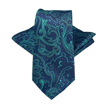 Cravate inguste - Set cravata cu batista de buzunar Paisley DEAN, Albastru Verde