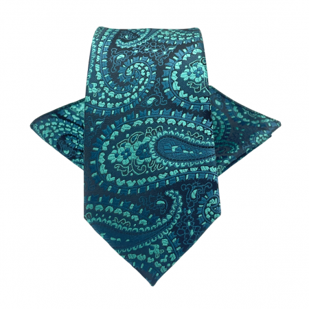 Cravate inguste - Set cravata cu batista de buzunar Paisley DEAN, Albastru verzui