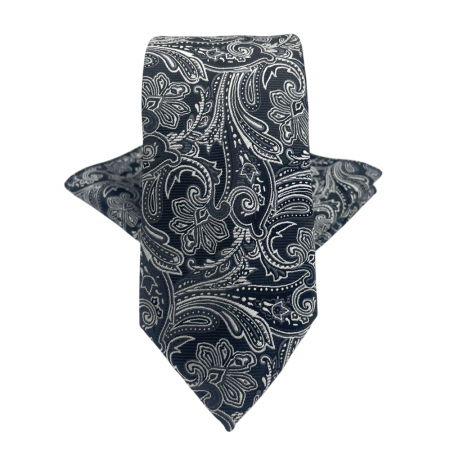 Cravate inguste - Set cravata cu batista de buzunar Paisley RICKY, Negru Alb