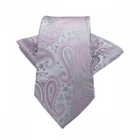 Cravate inguste - Set cravata cu batista de buzunar Paisley STEVE, Roz/ Gri