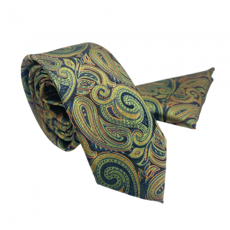 Set cravata cu batista de buzunar Paisley MARK, Verde Negru [2]
