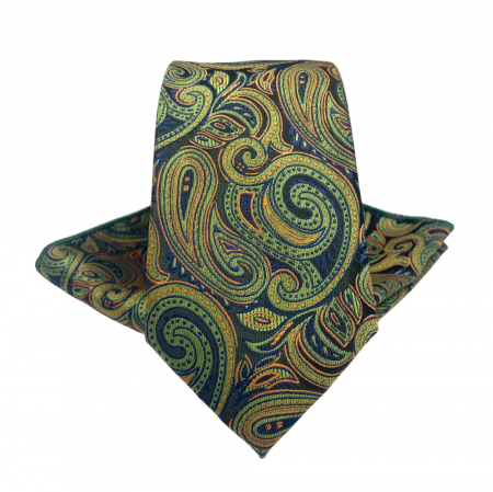 Cravate inguste - Set cravata cu batista de buzunar Paisley MARK, Verde Negru