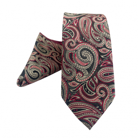 Cravate inguste - Set cravata cu batista de buzunar Paisley RUDD, Rosu/ Bej