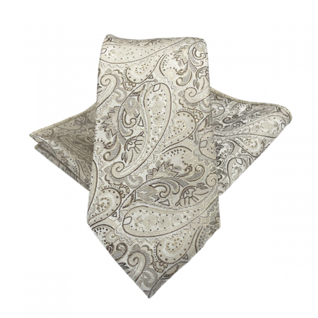 Cravate inguste - Set cravata cu batista de buzunar Paisley STEVE, Bej Maro