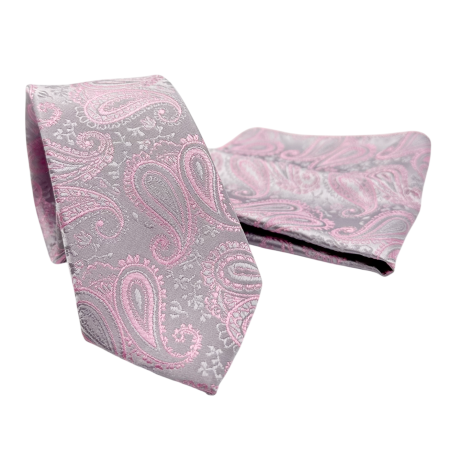 MODA & ACCESORII - Set Cravata si Batista FRANCO- Model Paisley Roz Gri