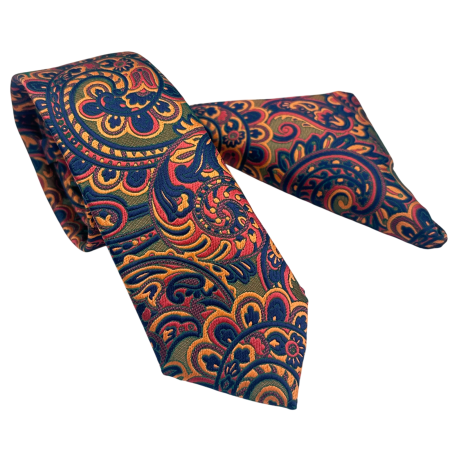MODA & ACCESORII - Set Cravata si batista FIRENZE, Model Paisley, Bleumarin/ Galben