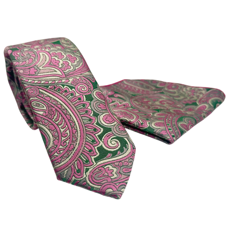 ACCESORII BARBATI - Set Cravata Roz- Verde cu batista de buzunar Firenze