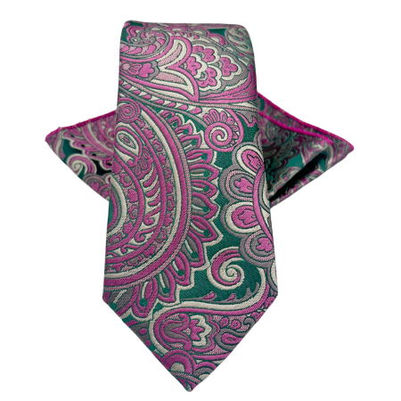 MODA & ACCESORII - Set Cravata Roz- Verde cu batista de buzunar Firenze