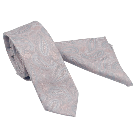 MODA & ACCESORII - Set Cravata si Batista cu model Paisley gri - roz somon