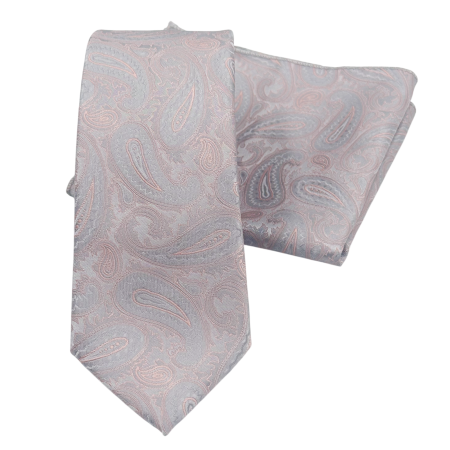 Set Cravata si Batista cu model Paisley gri - roz somon [1]