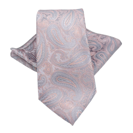 MODA & ACCESORII - Set Cravata si Batista cu model Paisley gri - roz somon
