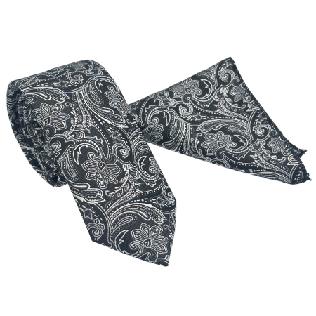 Set Cravată și Batista Paisley Negru & Argintiu – NOAH [1]