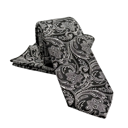 MODA & ACCESORII - Set Cravată și Batista Paisley Negru & Argintiu – NOAH