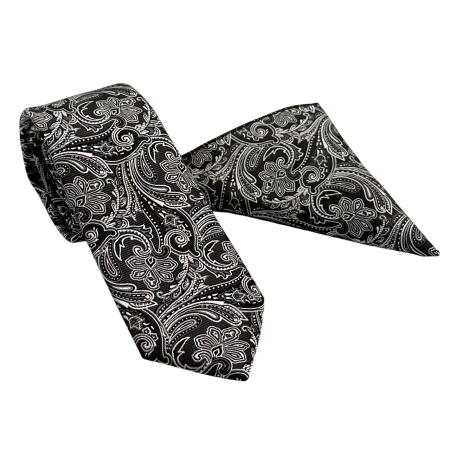 Set Cravată și Batista Paisley Negru & Argintiu – NOAH [2]