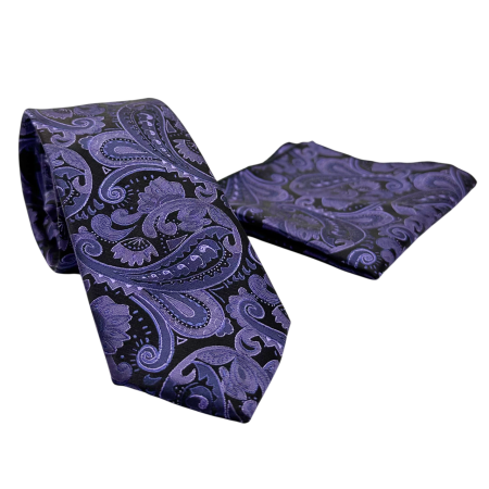 MODA & ACCESORII - Set cravata si batista ROYAL, Model Paisley, Mov/ Negru