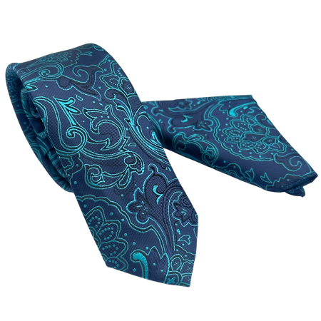 MODA & ACCESORII - Set Cravata si Batista bleumarin cu model turcoaz – VENEZIA