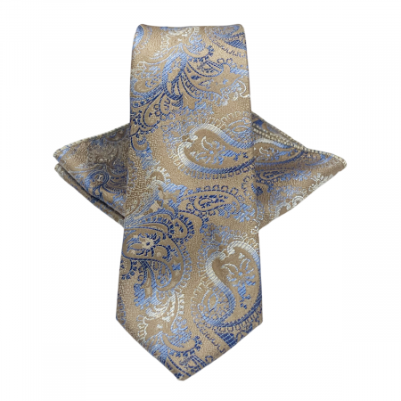 Cravate inguste - Set cravata slim cu batista Paisley ETHAN, Bej Albastru