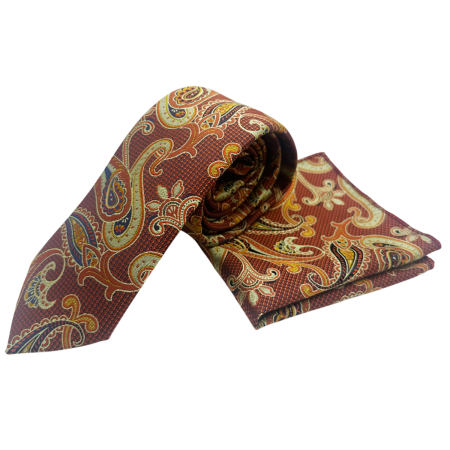 Set cravata slim cu batista Paisley STEVE, Maro Ruginiu [1]