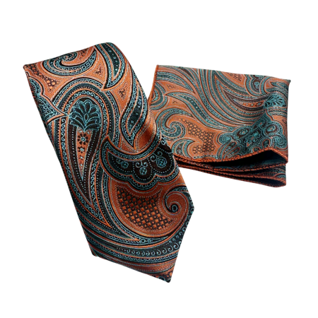Set cravata slim cu batista Paisley CHRIS, Portocaliu Maro [3]
