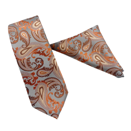 Set cravata slim cu batista Paisley CHRIS, Portocaliu Gri [1]